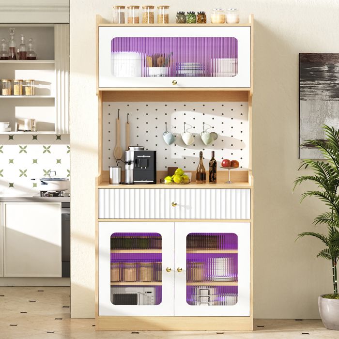 Buffet haut cuisine 80x40x180 cm étagères réglables tiroirs LED verre rainuré pour salon et salle à manger - MDF - naturel blanc