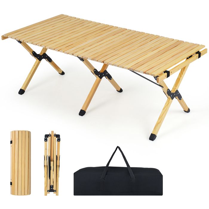 Table de Jardin Pliante en Bois COSTWAY 4-6 Personnes Plateau à Lattes Enroulable Sac de Transport Plateau 122 x 60 cm Naturel
