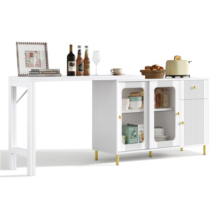 Sideboard blanc pour cuisine et salle à manger plateau rabattable extensible rotatif portes en verre coulissantes