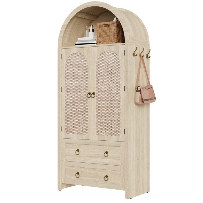 Commode en rotin style arc avec deux tiroirs meuble de rangement vintage pour espaces de vie