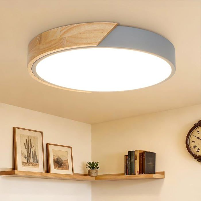 30cm Luminaire Plafonnier LED Lampe Plafond 24W Moderne Plafonnier Chambre en Bois Gris 3000K 2400LM Lampe de Gris 3000k LUSTRE