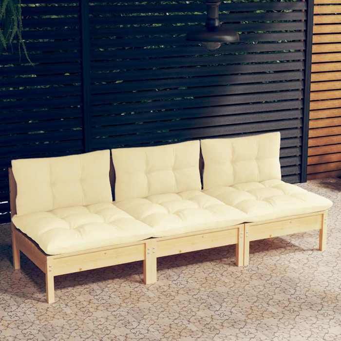 VIDAXL Canapé 3 places - SOFA 3 PERSONNES - et coussins - crème Bois de pin solide 63.5x63.5x62.5 cm S411