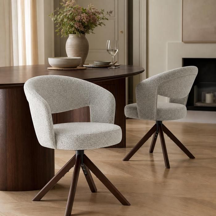 Lot 2 chaises pivotantes - Zephmum - rétro luxe tissu structuré gris clair pieds noyer 360° silencieux