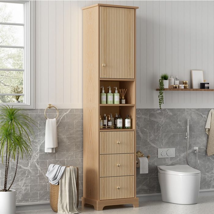 Colonne de salle de bain 40 x 30 x 172 cm en MDF 3 tiroirs 1 porte 2 niches coloris bois naturel