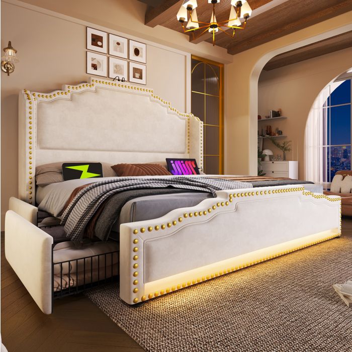 Lit double 180 x 200 cm en velours beige avec sommier à lattes 4 tiroirs LED ports USB et USB-C