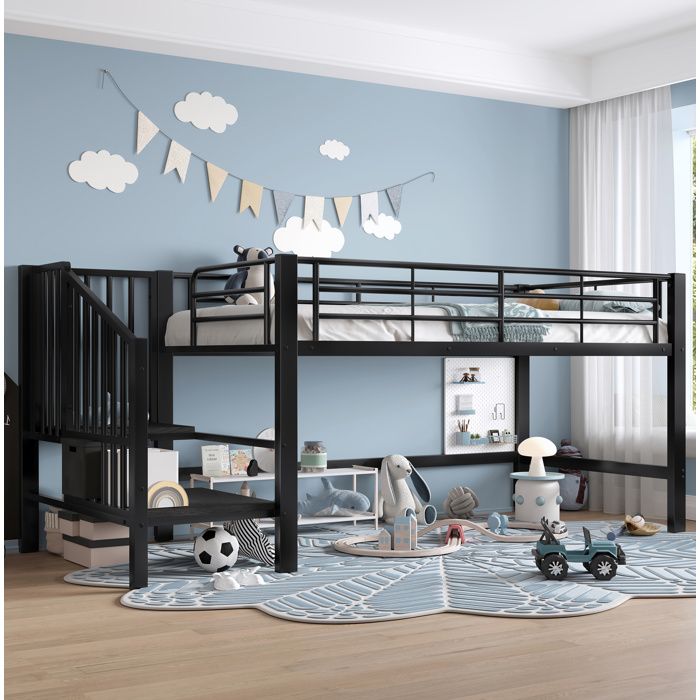MEULVA Lit mi-hauteur enfant 90 x 200 cm avec escalier de rangement métal et MDF noir