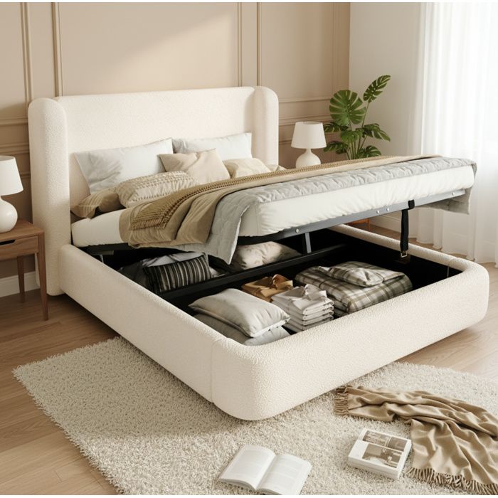 DESVIAE Lit double coffre 160 x 200 cm en bouclette beige ouverture hydraulique tête de lit et sommier inclus