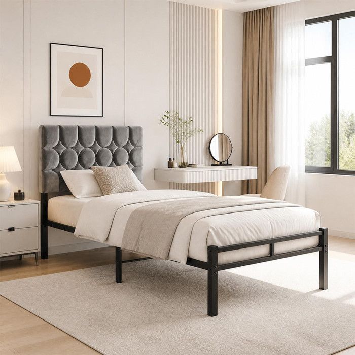 Lit simple - AURALUM MAX - 90x200 cm - Tête rembourrée - Cadre métal - Sommier à lattes robustes