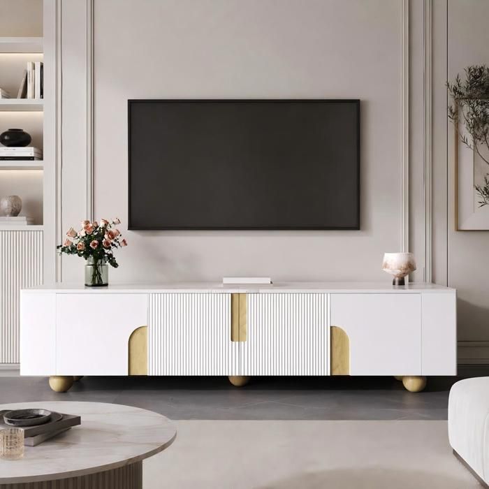 Meuble TV Bas 180x40x44 cm COZHYESS Meuble TV Blanc Bois 4 Portes Finition Marbre Pieds Bois Ronds Rangement Salon - Blanc Bois