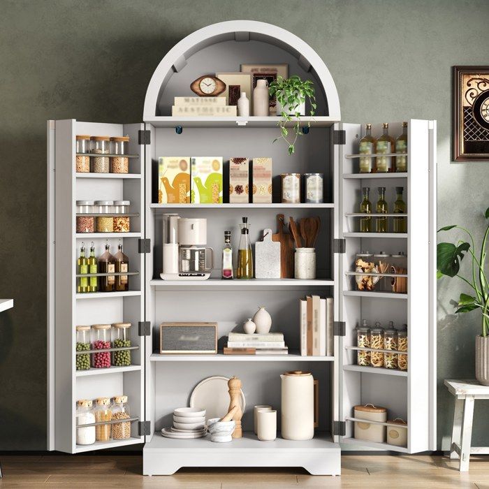 Buffet de Cuisine avec 1 Armoire Double Porte 3 Étagères et 1 Niche Ouverte - TCQPZ - MDF - Blanc