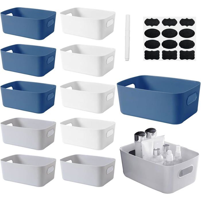 Panier de rangement empilable en plastique - Lot de 12 - 21 x 13 x 7 cm - Sans couvercle - 3 couleurs
