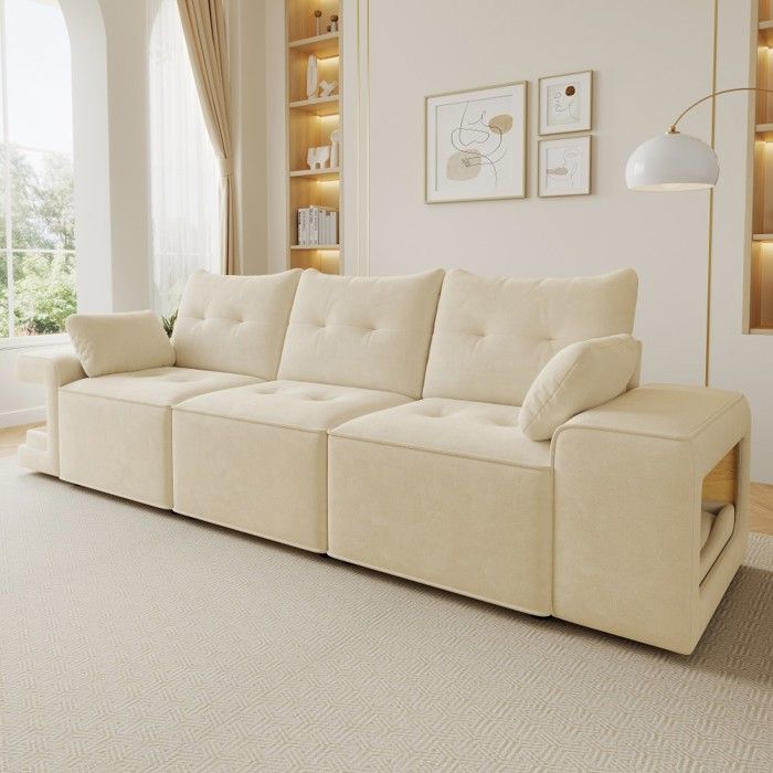 Canapé Modulable 3 Places Beige Confort Nuage 229.5x78x84cm Rangement Compartiment 2 Coussins pour Salon Canapé Modulable 3 Places Beige Confort Nuage 229.5x78x84cm Rangement Compartiment 2 Coussins pour Salon