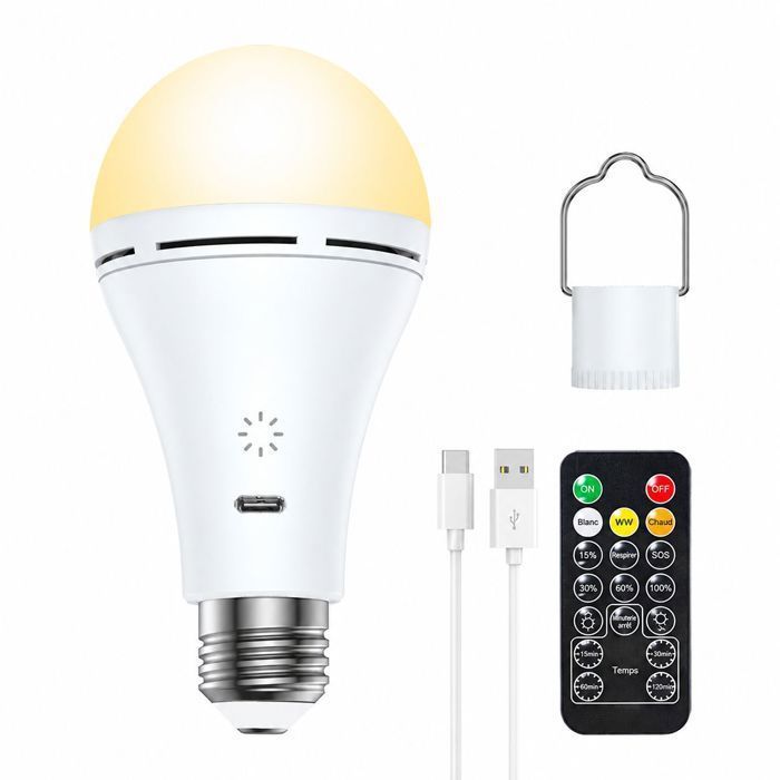 Ampoule LED Rechargeable E27 - Télécommande Tactile - Lumière 3 Couleurs Dimmable - Pour Camping Garage Maison - 9W