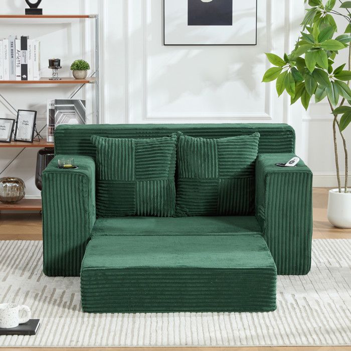 Canapé 2 Places Convertible - 133x87x64cm - Banquette Lit en Velours Côtelé 2 Porte-Gobelets Poches Mousse 250kg - Vert