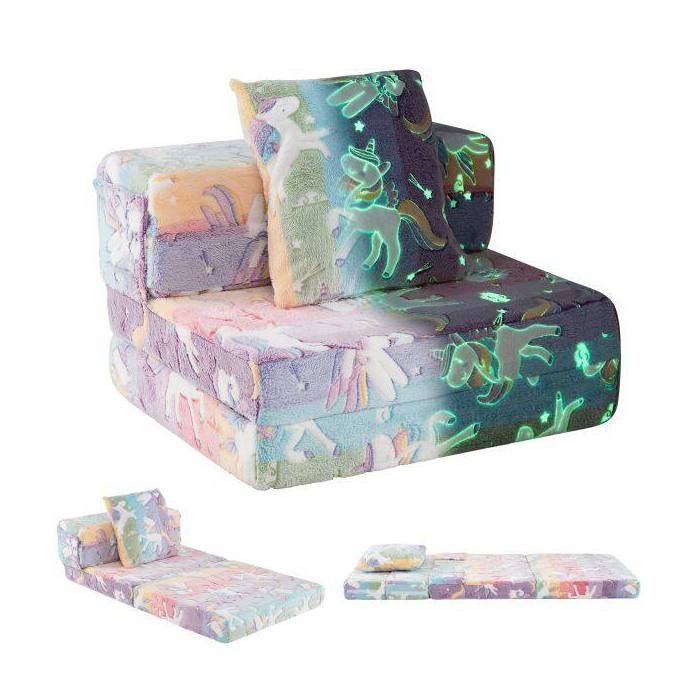 Canapé enfant pliable 3 en 1 sofa lit de sol housses lavables zippées coussin supplémentaire motif licorne