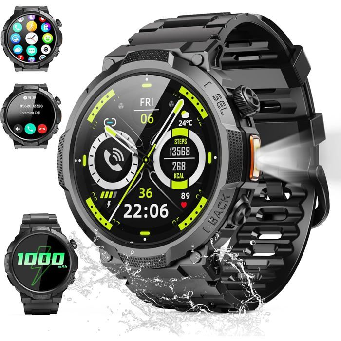 Montre Connectée Homme Style Militaire Avec Lampe LED Écran Tactile Suivi Activité Notifications Appels Bluetooth Design Robuste