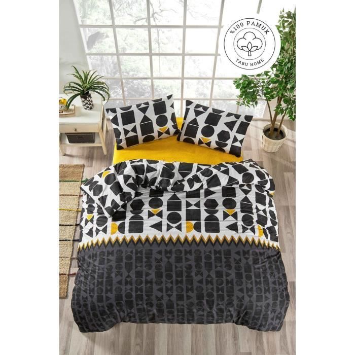 Parure de lit - 1 housse de couette 220 x 240 cm + 2 taies doreiller 60 x 60 cm - 100% coton renforcé - Noir