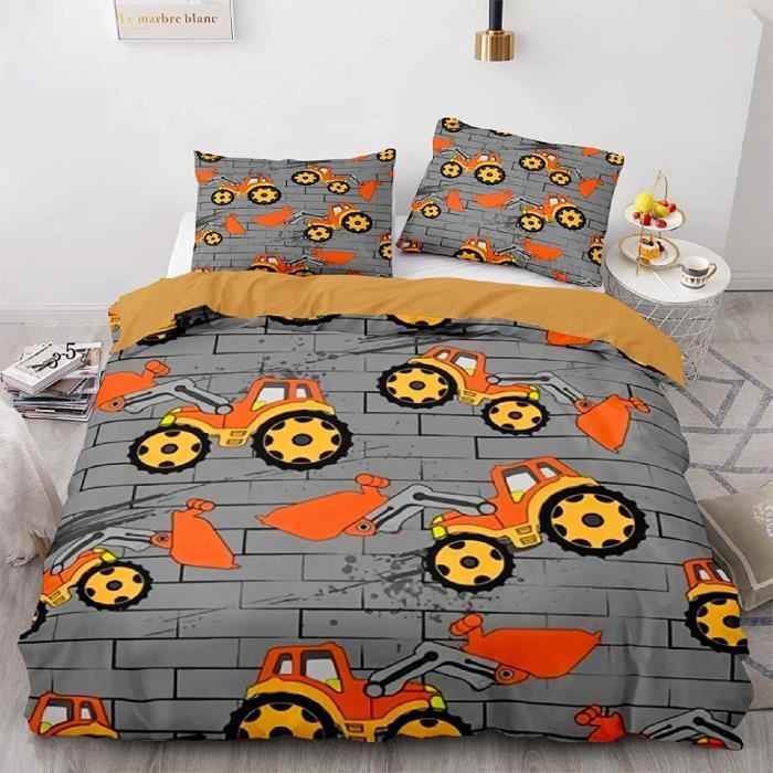 Ensemble de Literie Pour Pelleteuse 220x240 Parure de Lit Tracteur Machines Camions,Housse de Couette Véhicule de Construction Pour Enfants Garçons Ados ,Housse Couette Equipment Truck Jaune Vert
