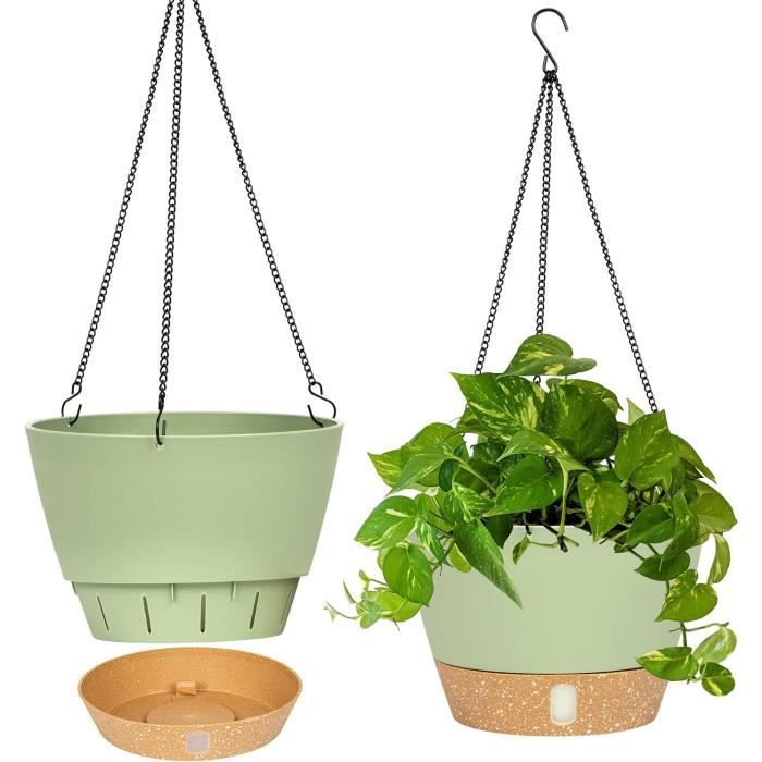 2 Pcs Jardinière Suspendue En Plastique Panier Auto-Arrosant Avec Crochets, Pot De Fleurs Suspendu Avec Base Détachable Blanc