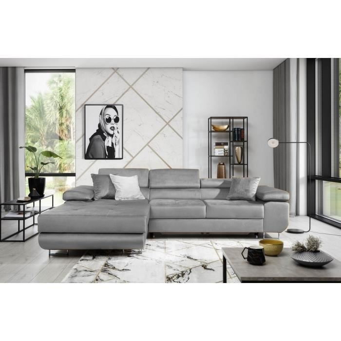 Canapé dangle convertible ARMEL en tissu luxe 5 places couleur gris avec coffre angle gauche (vu de face)