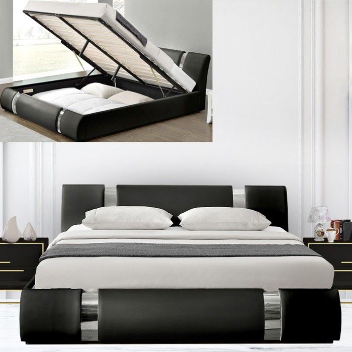 Lit Coffre Sommier Relevable Nova - Couleurs - Noir, Tailles - 160x200