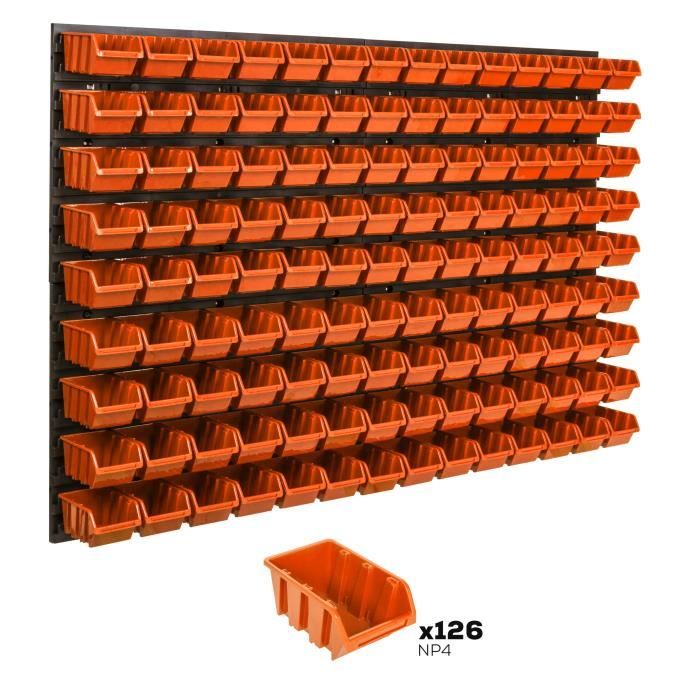Lot de 126 boîtes XS bacs a bec orange pour système de rangement 115 x 78 cm au garage