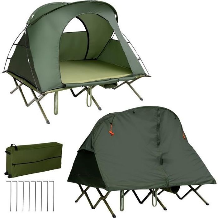 COSTWAY Tente Camping Surélevée pour 2 Personnes Matelas Auto-gonflant Sac Transport à Roulettes Double Toit Crochet de Lampe Vert