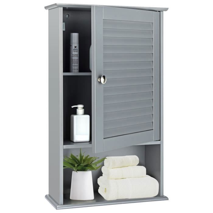 COSTWAY Armoire Murale pour Salle de Bain Armoire à Pharmacie avec Étagère Réglable Porte Persienne et Étagère Ouverte Gris COSTWAY Armoire Murale pour Salle de Bain Armoire à Pharmacie avec Étagère Réglable Porte Persienne et Étagère Ouverte Gris