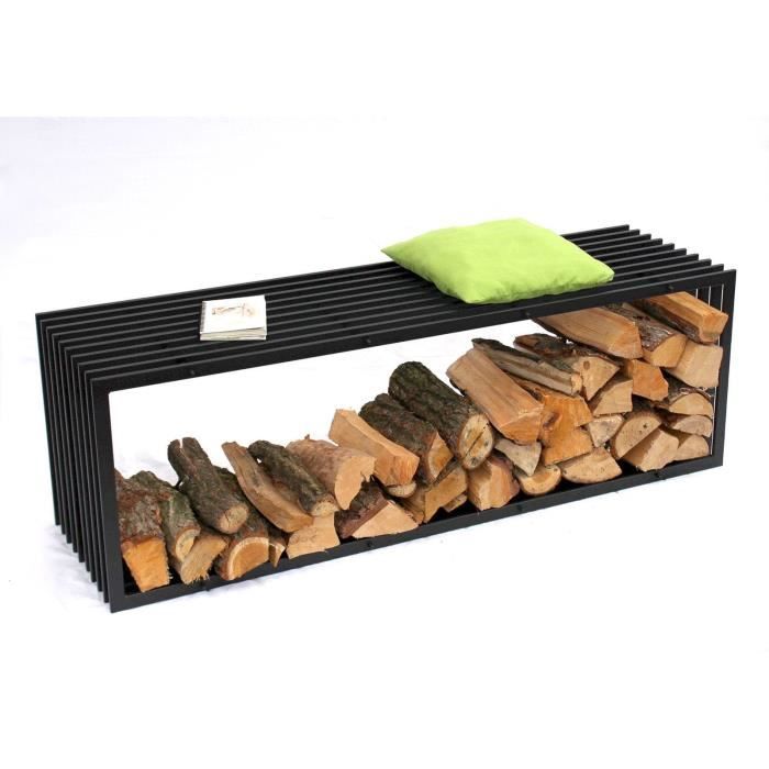banc de bois de chauffage d-style 150cm avec étagère pour cheminée - dandibo - noir - métal