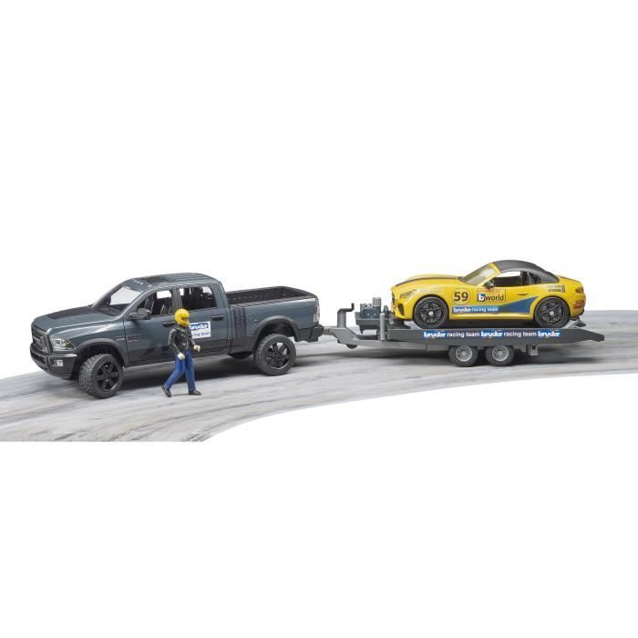 Véhicule miniature avec remorque et voiture - BRUDER - RAM 2500 Power Wagon - Roadster Racing Team - Remorque incluse