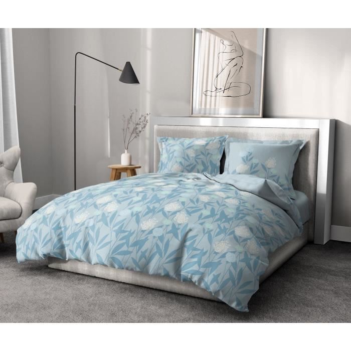 Parure de couette HOME LINGE PASSION Tempête Florale - 3 Pcs - 240 x 260 - 100% Coton 57 Fils - Bleu