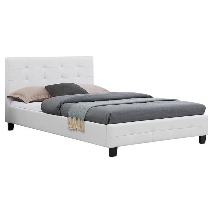 IDIMEX Lit double pour adulte MATHIEU avec sommier 140x190 cm 2 places / 2  personnes, tête et pied de lit capitonnés en synthétique blanc