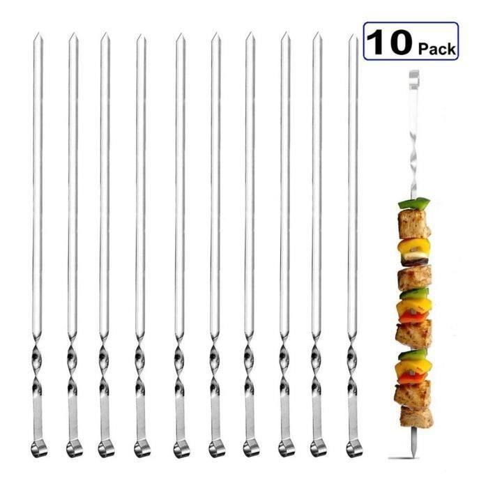 10 Brochettes Barbecue En Acier Inoxydable - Manche En Bois - 50 Cm Pour Viandes, Légumes, Fruits - 5