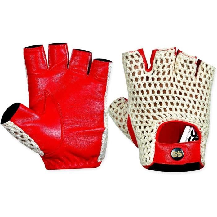 Gants de Conduite Mitaine en Cuir Rouge - Homme - Taille XL