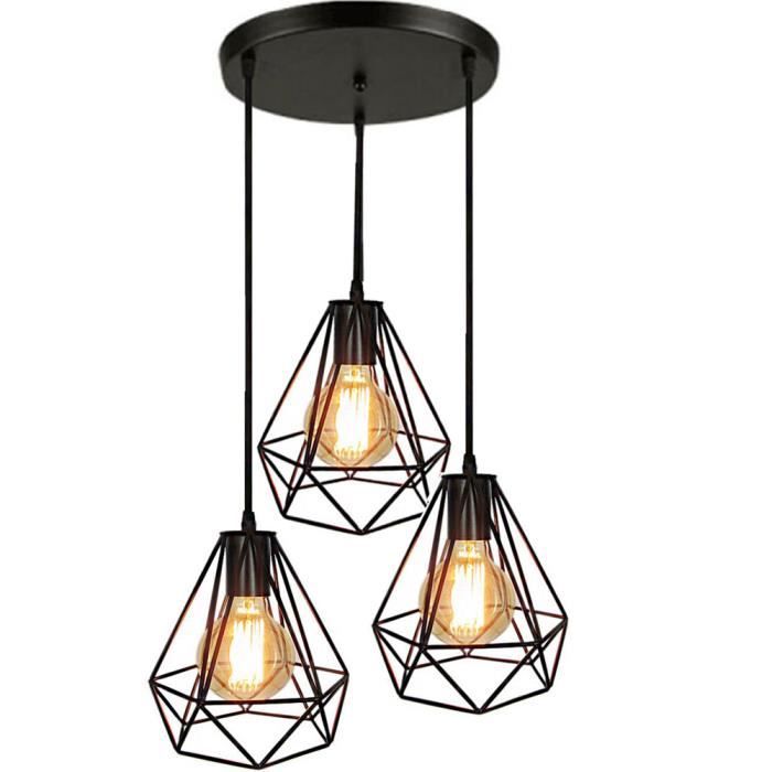 Rétro Style Industriel 3 Luminaire Lampe Suspendue Noir Abat-jour forme diamant E27 Noir