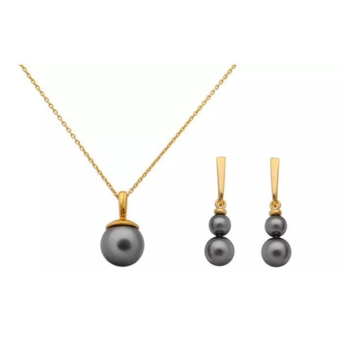 Parures ensemble bijoux Argent doré a l’or fin et perles grises Swarovski collier et boucles d'oreilles assorties