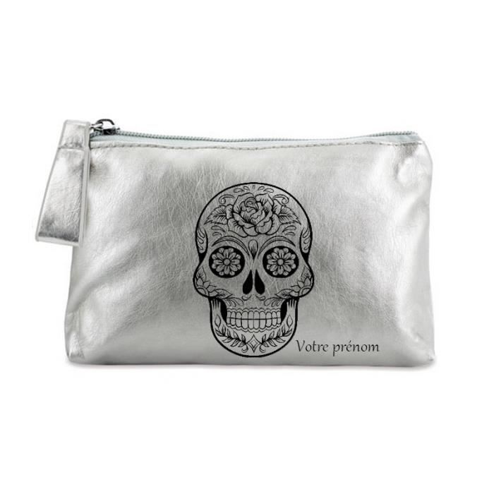 Trousse argent maquillage stylo pochette tete de mort mexicaine