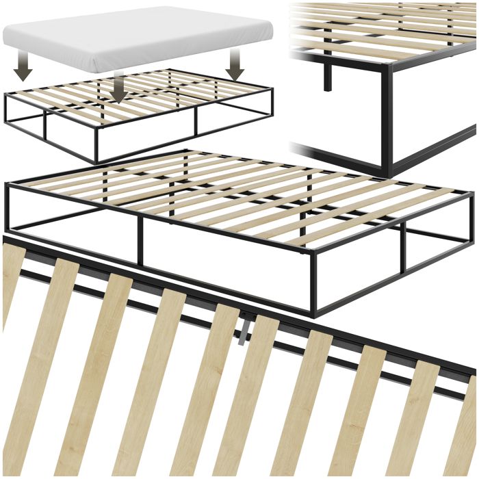 Lit - TECTAKE - Cadre de lit en acier KYOTO avec sommier à lattes en bois de peuplier - 200 x 140 x 255 cm