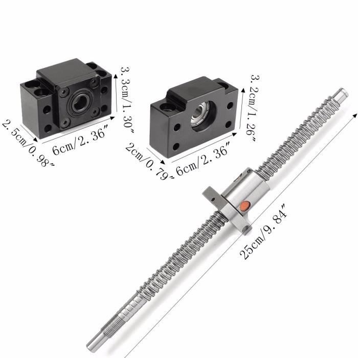 Vis à Billes SFU1204 GooEquip 1000mm - Acier Inox, Support BK10/BF10, Kit CNC