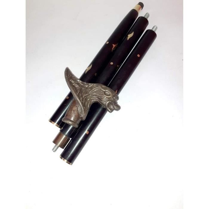 Canne De Marche En Bois Avec Tête De Loup - Aluminium Et Laiton - Réglable 36-37 Pouces - Neuf