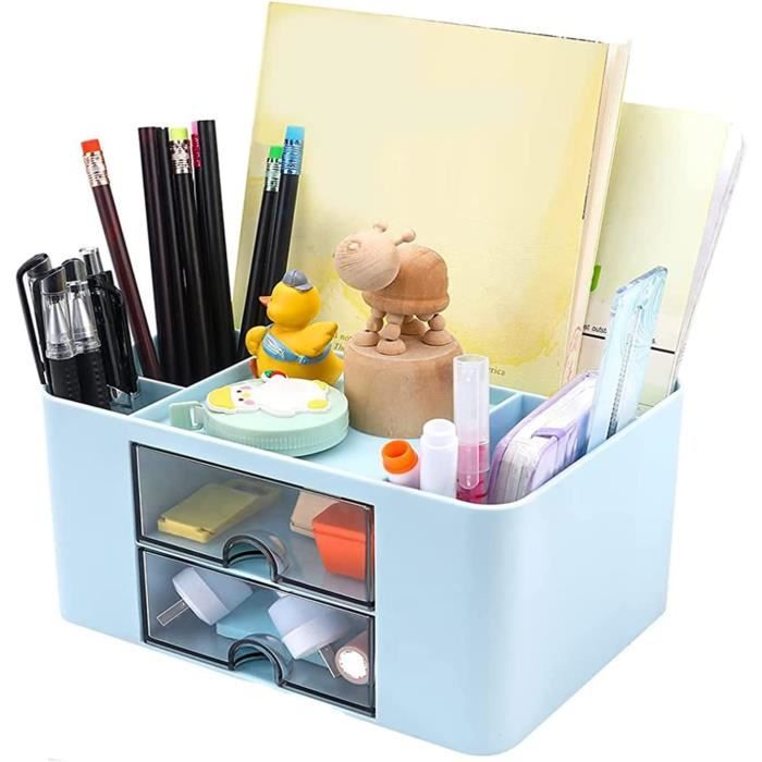 Organiseur De Bureau 5 Compartiments + 2 Tiroirs - Compact 21x14x12 Cm, Rose, Plastique ABS, Pour école/bureau