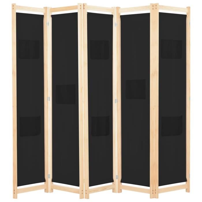 Truvito Paravent Cloison de Séparation pliable 200x170 cm 5 Panneaux Bois massif & TissuDécoration Meuble IntérieurNoir