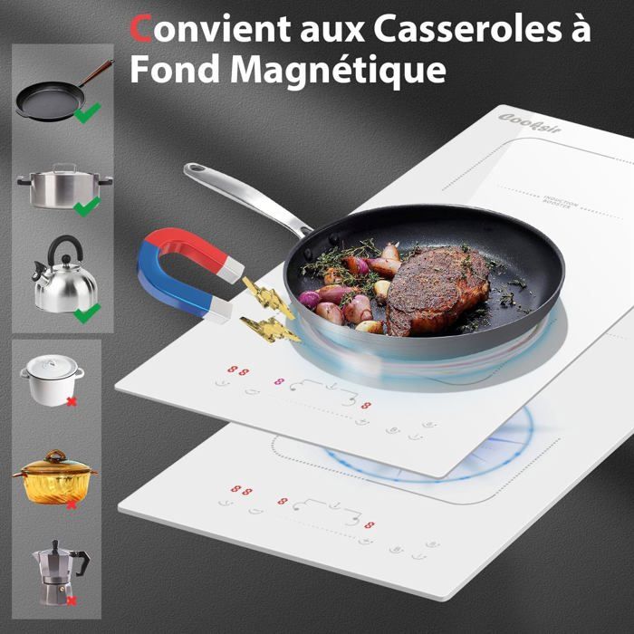 Plaque Induction 2 Feux Encastrable 3500W - Blanche, 9 Niveaux De Puissance, Fonction Boost Et Minuterie - Compatible Prise Standard