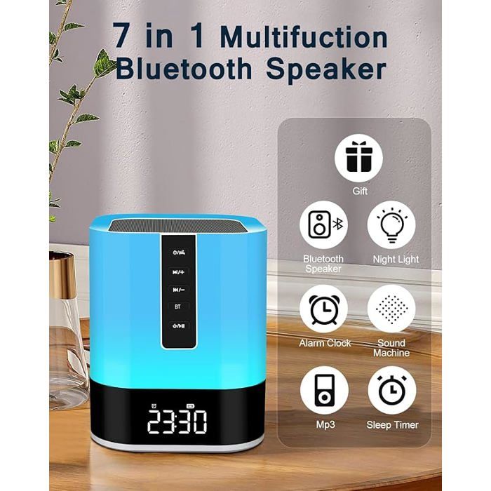 Réveil Lumineux 5 En 1 Avec Bluetooth - Lampe De Chevet, Veilleuse, Enceinte, Bruit Blanc, Cadeau Multifonction