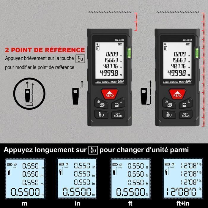 Bauihr Mesure laser 50 m, distance laser 50 m, poignée portable outil de mesure numérique avec 2