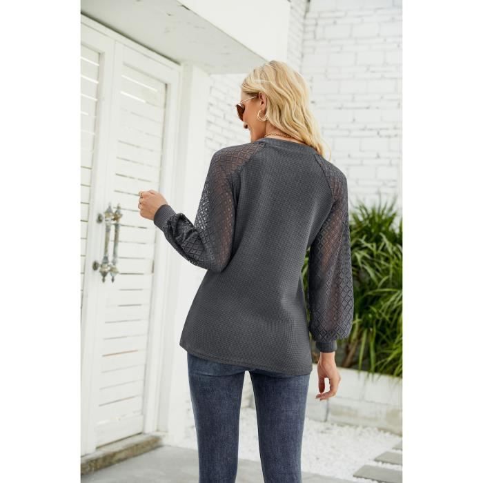 Blouse Femme Grise Chiné Avec Dentelle Bleue - Taille M - Marque Yessica - Occasion Très Bon état