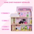 HOMCOM Maison de poupée en Bois Jeu d'imitation Grand réalisme Multi-équipements 60L x 30l x 71.5H cm Blanc Rose-3