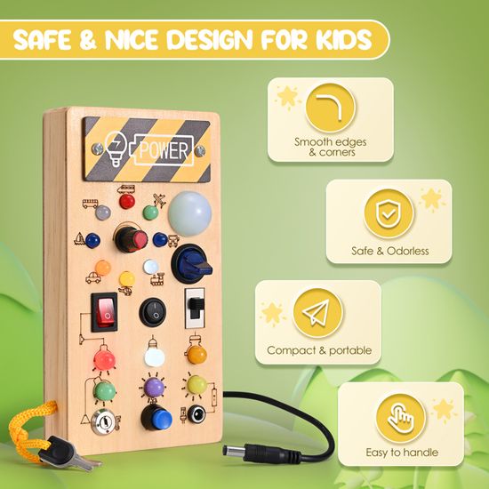 OWill Tableau D'Activités Montessori Busy Board 1-3 Ans – 10 Interrupteurs & 22 Lumières LED, Jouet Éducatif Sensoriel En Bois