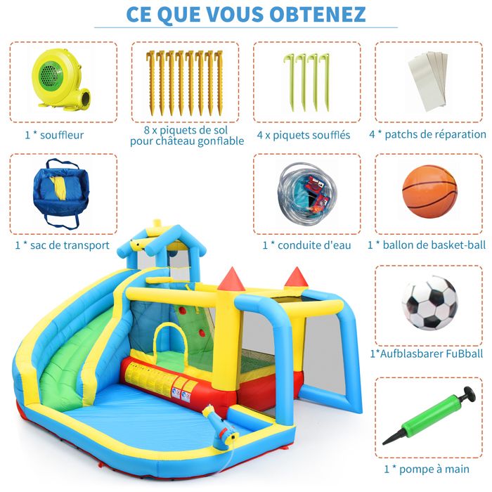 Château Gonflable DREAMADE 6 En 1 Avec 100 Balles, Basket, Foot, Toboggan | 380x305x215 Cm, Souffleur 450W Inclus