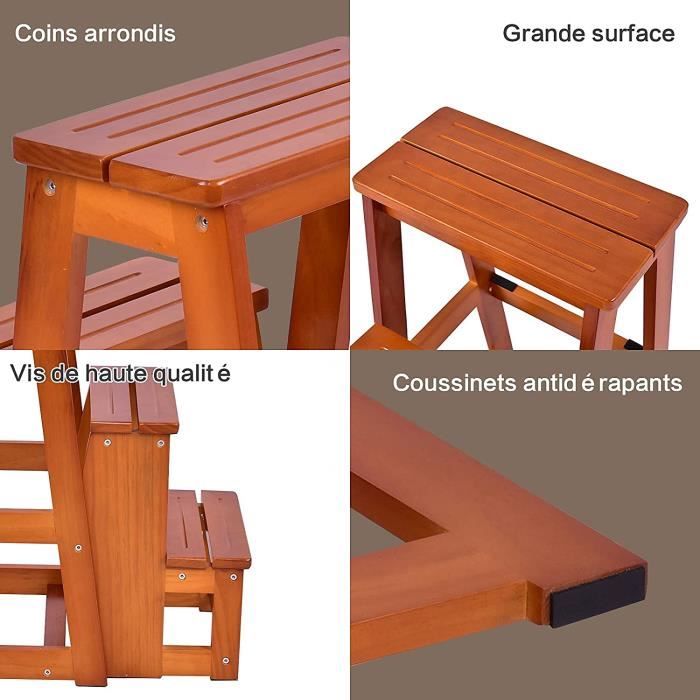 Tabouret Escabeau Pliant 3 Marches - En Bois (bambou) - Idéal Cuisine, Bibliothèque, Camping - Hauteur 63,5 Cm - 2